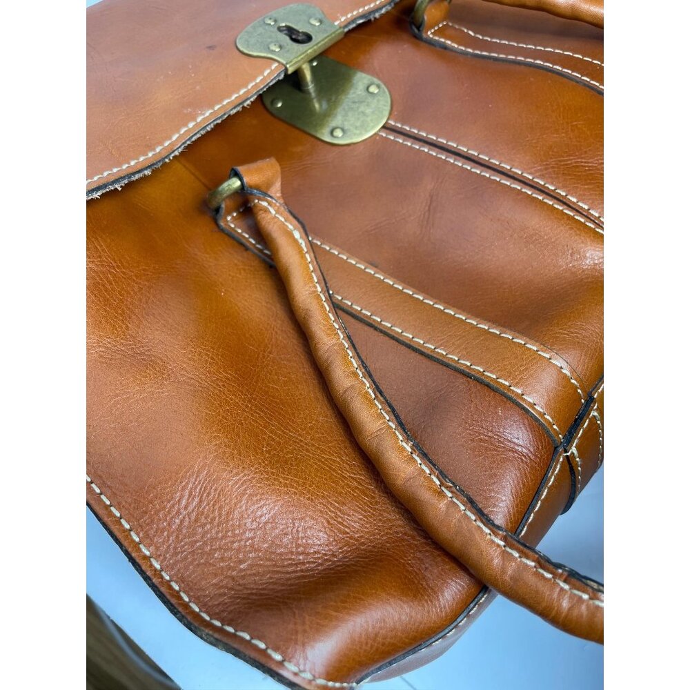 Patricia Nash Tan Leather Satchel Bag With Brass Lock & Dual Handles Spacious - Picture 5 of 7